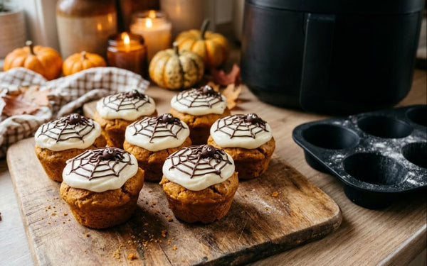 Halloween Kürbis-Muffins mit Spinnennetz aus dem Airfryer