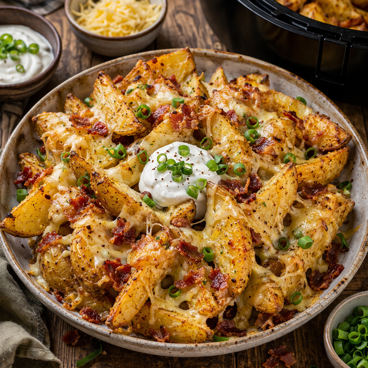 Cheesy Loaded Kartoffelspalten aus dem Airfryer