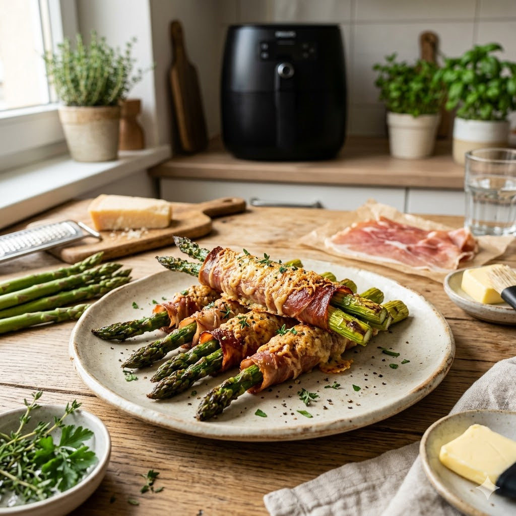 Nahaufnahme eines rustikalen Keramiktellers mit knusprigen, käseüberbackenen Spargel-Schinken-Röllchen auf einem Holztisch. Im Hintergrund eine schwarze Heißluftfritteuse und verschiedene Zutaten wie frische Kräuter, Parmesan und roher Spargel