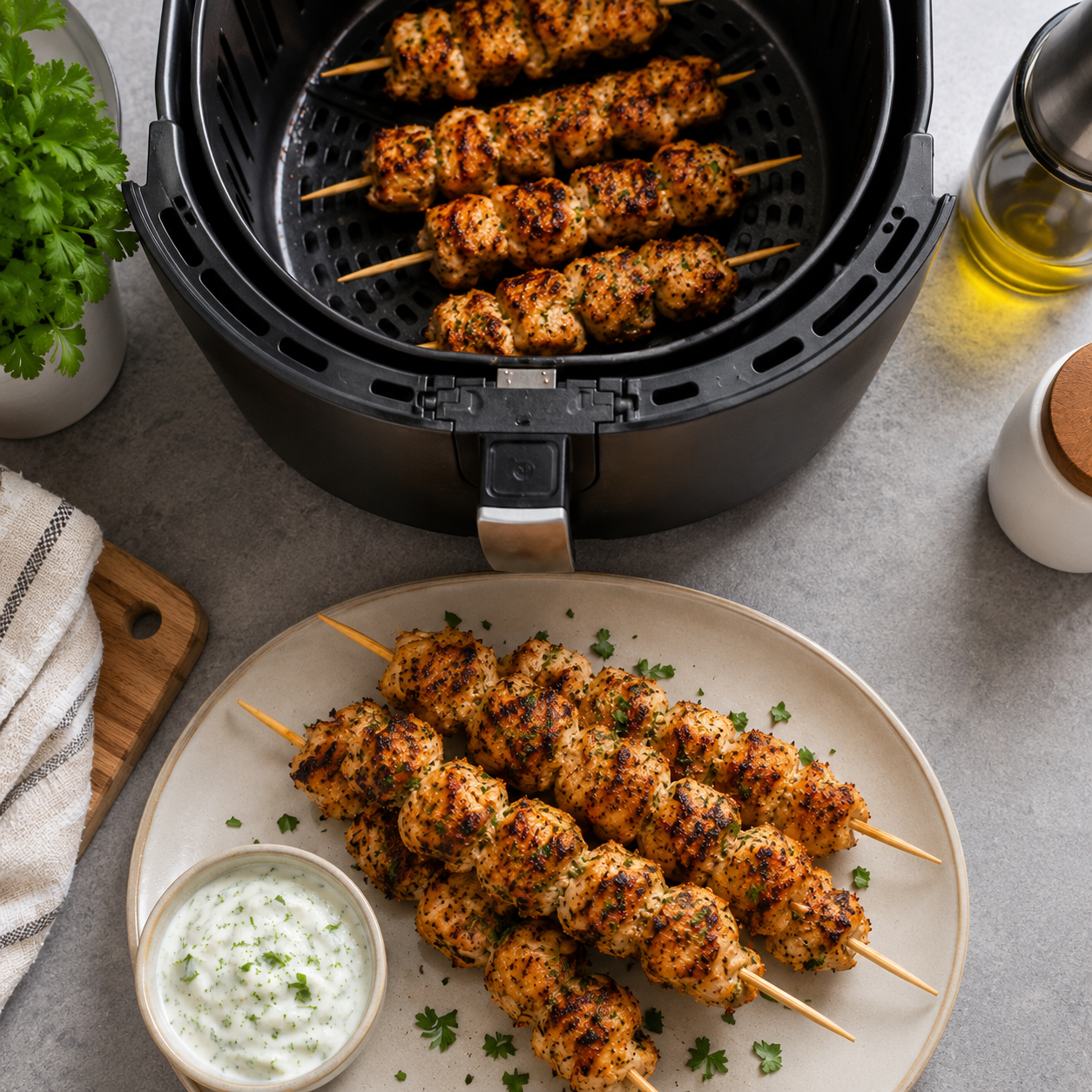 High Protein Hähnchen-Spieße aus dem Airfryer mit 45g Eiweiß
