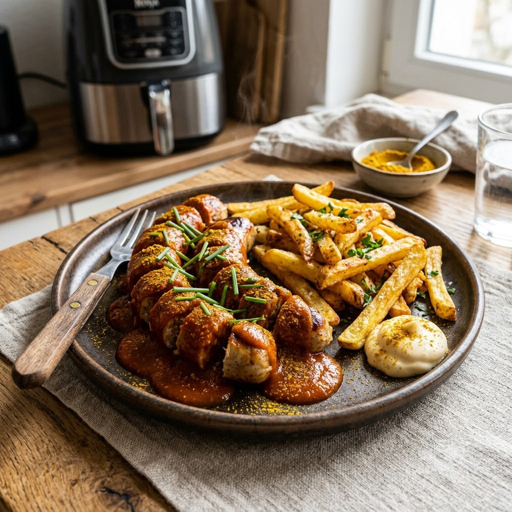 Currywurst mit Pommes aus dem Airfryer – Imbiss-Klassiker