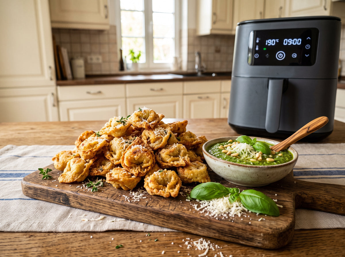 Knusprige Tortellini mit Pesto-Dip aus dem Airfryer – angerichtet auf einem Holzbrett, im Hintergrund eine Heißluftfritteuse