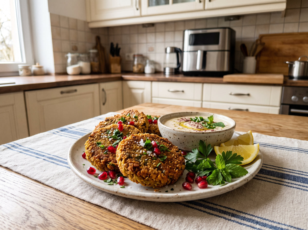 Linsen-Bratlinge mit Tahini-Dip aus dem Airfryer – angerichtet auf einem Steingutteller, im Hintergrund eine Heißluftfritteuse