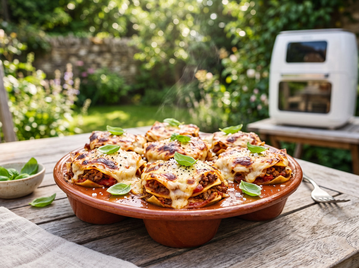 Mini-Lasagne-Cups aus dem Airfryer – angerichtet in einer Terrakotta-Form, im Hintergrund eine Heißluftfritteuse