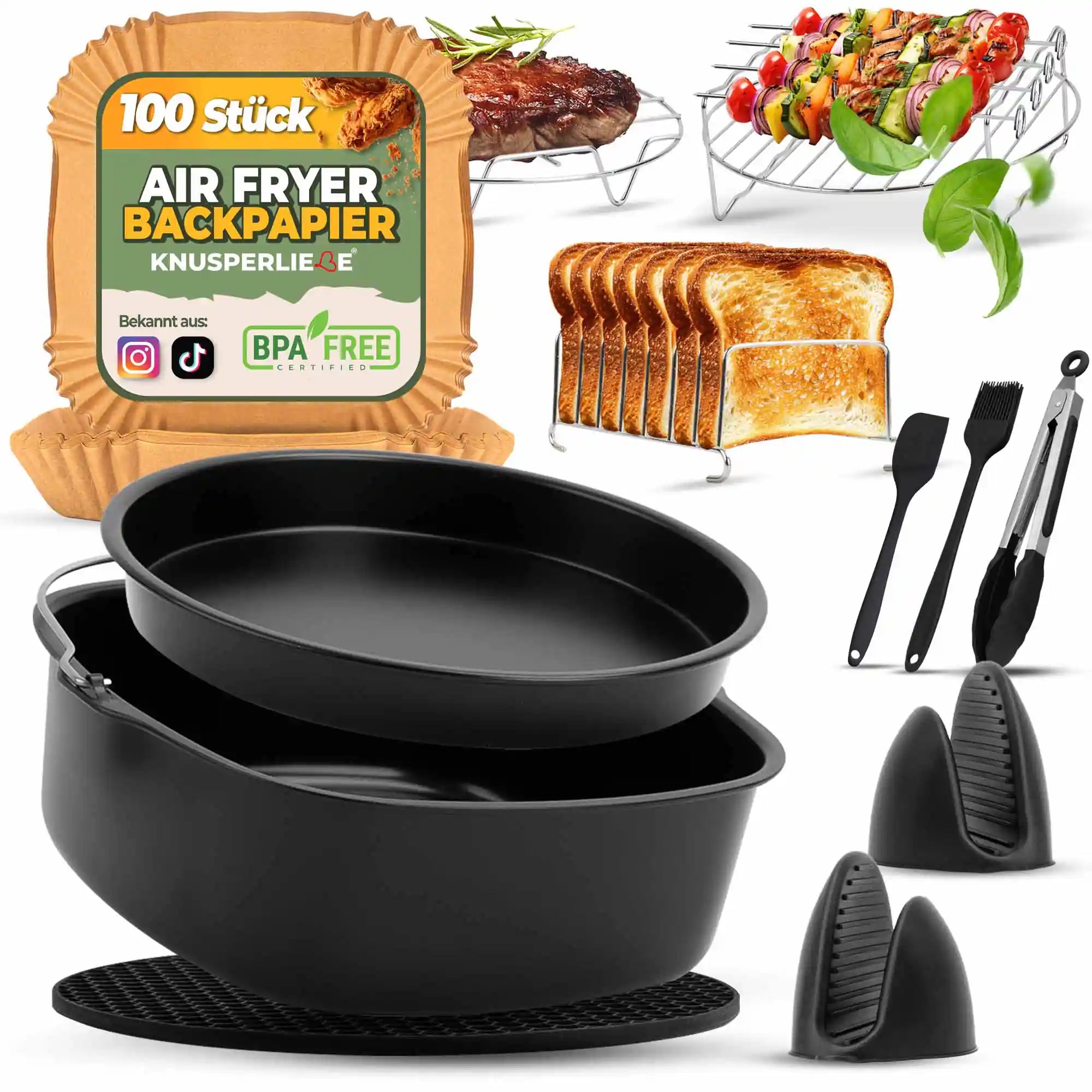 XXL Zubehör-Set Heißluftfritteuse 18-teilig – Silikonform, Backpapier & Muffinform