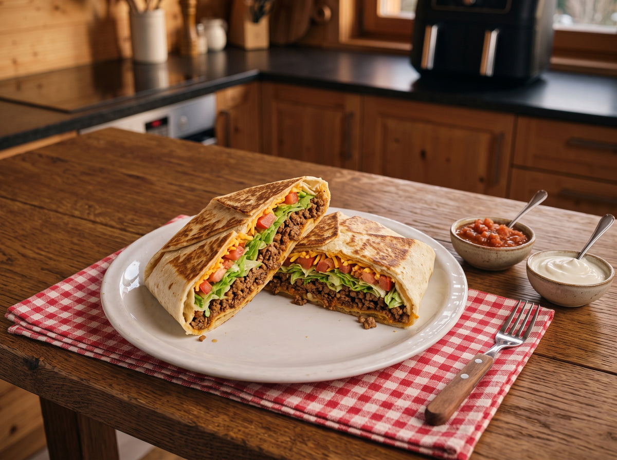 Knuspriger Crunchwrap Supreme aus dem Airfryer, halbiert – angerichtet auf einer Porzellanplatte, im Hintergrund eine Heißluftfritteuse