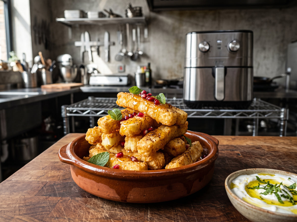Knusprige Halloumi-Pommes mit Honig und Granatapfel aus dem Airfryer – angerichtet in einer Terrakotta-Form, im Hintergrund eine Heißluftfritteuse