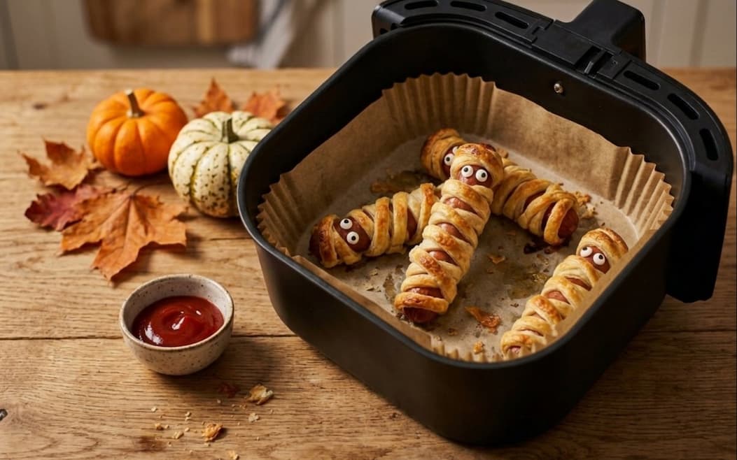 Halloween Mumien-Würstchen im Blätterteig auf Airfryer-Backpapier
