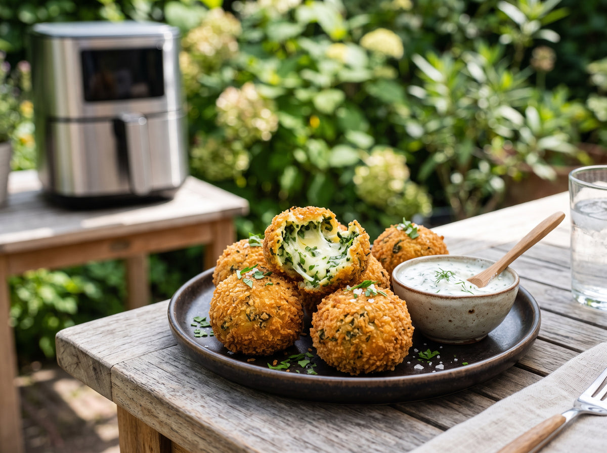 Käse-Spinat-Bällchen aus dem Airfryer – angerichtet auf einem dunklen Keramikteller, im Hintergrund eine Heißluftfritteuse