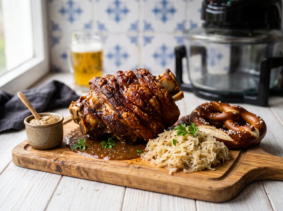 Knusprige Schweinshaxe mit Sauerkraut und Brezel aus dem Airfryer – angerichtet auf einem Olivenholzbrett, im Hintergrund eine Heißluftfritteuse
