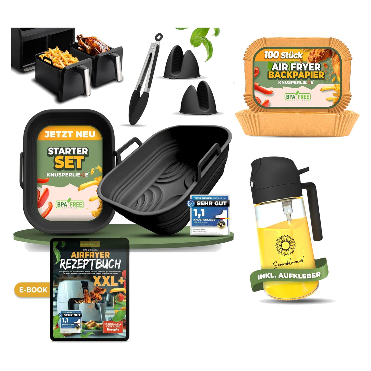 Komplett-Set für Ninja Dual Zone AF400: faltbare Silikonformen, Backpapier Dual Zone, Ölsprüher und Airfryer E-Book