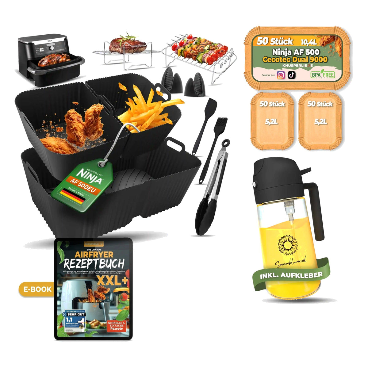Komplett-Set für Ninja AF500: XXL-Zubehörset, Backpapier Großkammer, Ölsprüher Midnight Black und Airfryer E-Book