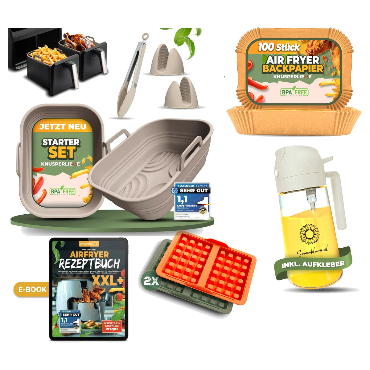 Komplett-Set Plus für Ninja Dual Zone AF400 mit Silikonformen in Cashmere Flow, Ölsprüher Weiß und Waffeleinsatz Knusperliebe Mix