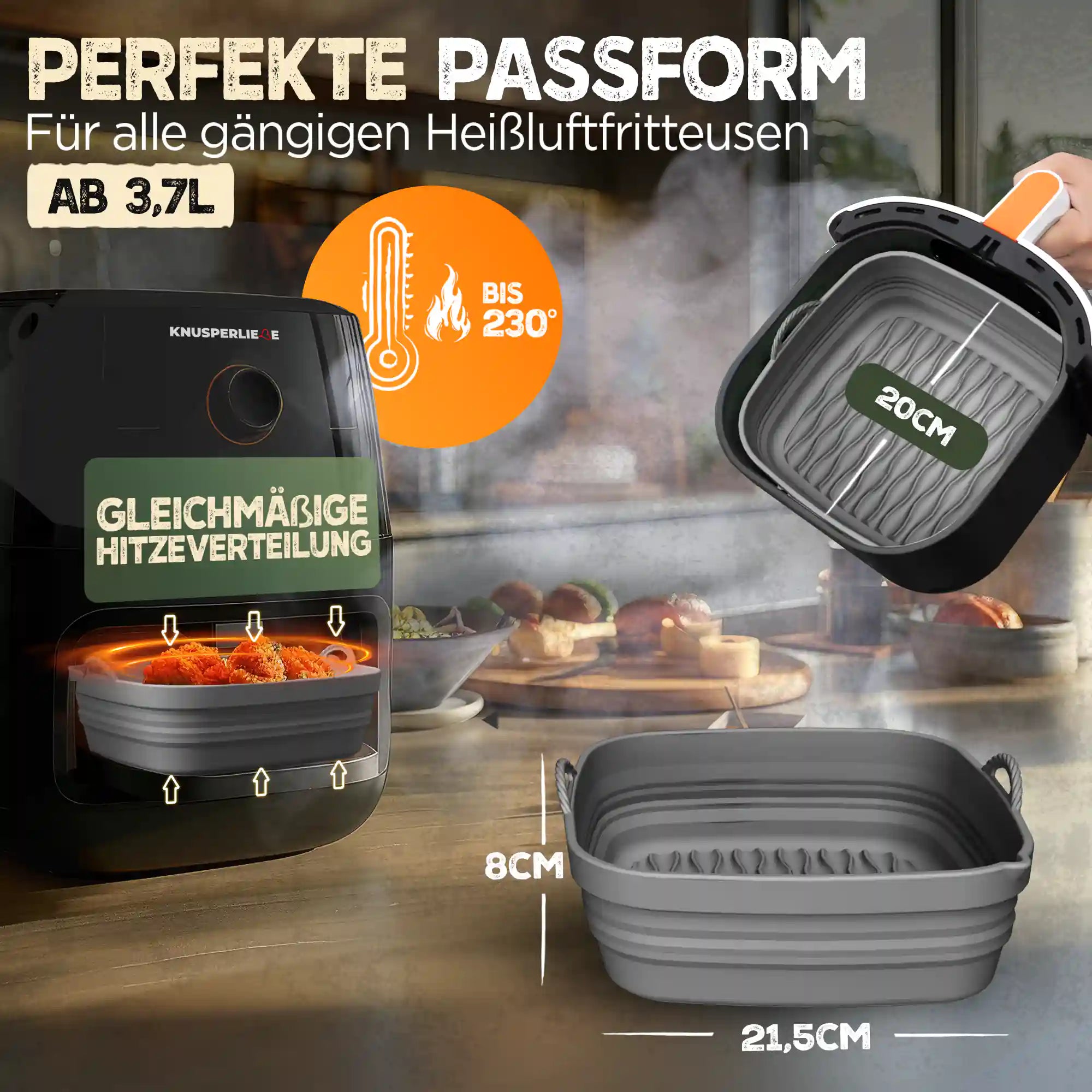 Faltbares Silikonformen Set für eckige Heißluftfritteusen 5-8L
