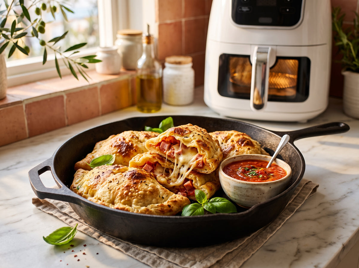 Mini-Calzone mit Schinken und Käse aus dem Airfryer – angerichtet in einer Gusseisenpfanne, im Hintergrund eine Heißluftfritteuse
