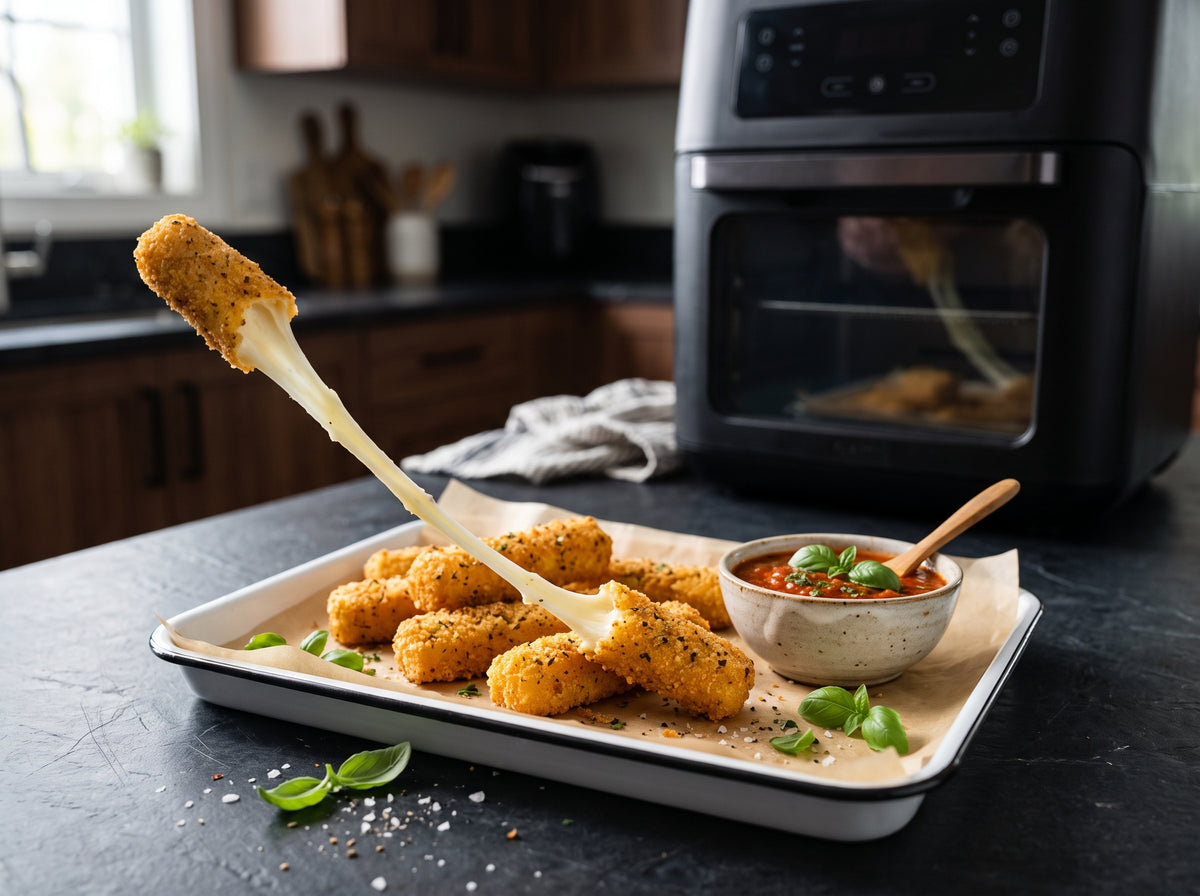 Knusprige Mozzarella-Sticks mit Marinara-Dip aus dem Airfryer – angerichtet auf einem Emaille-Blech, im Hintergrund eine Heißluftfritteuse
