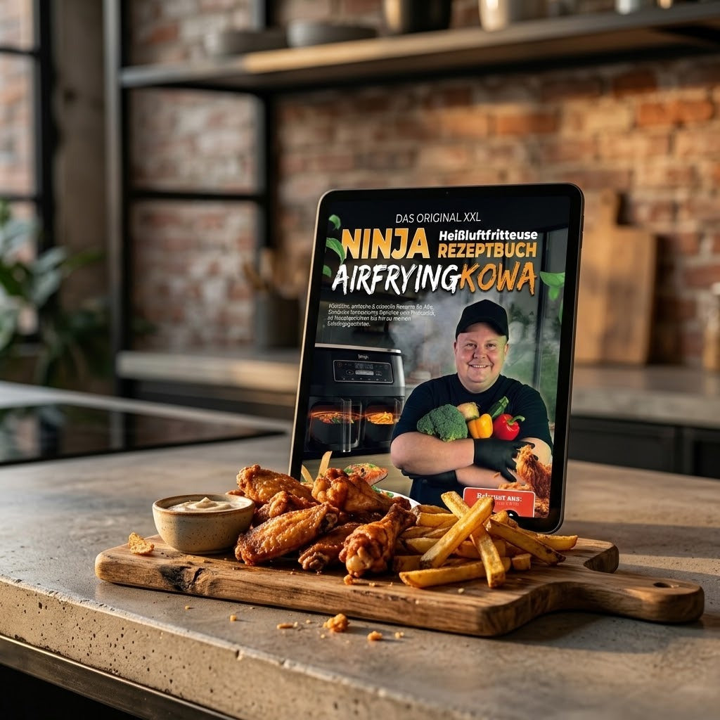 Ninja Rezeptbuch E-Book in Loft-Küche mit Chicken Wings und Pommes