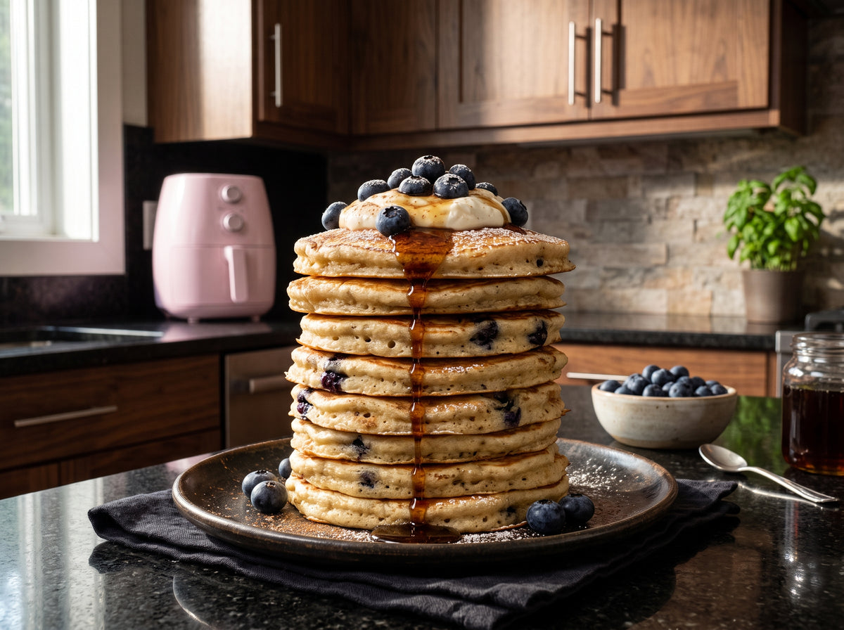 Skyr-Pancakes mit Blaubeeren und Ahornsirup aus dem Airfryer – angerichtet auf einem dunklen Keramikteller, im Hintergrund eine Heißluftfritteuse