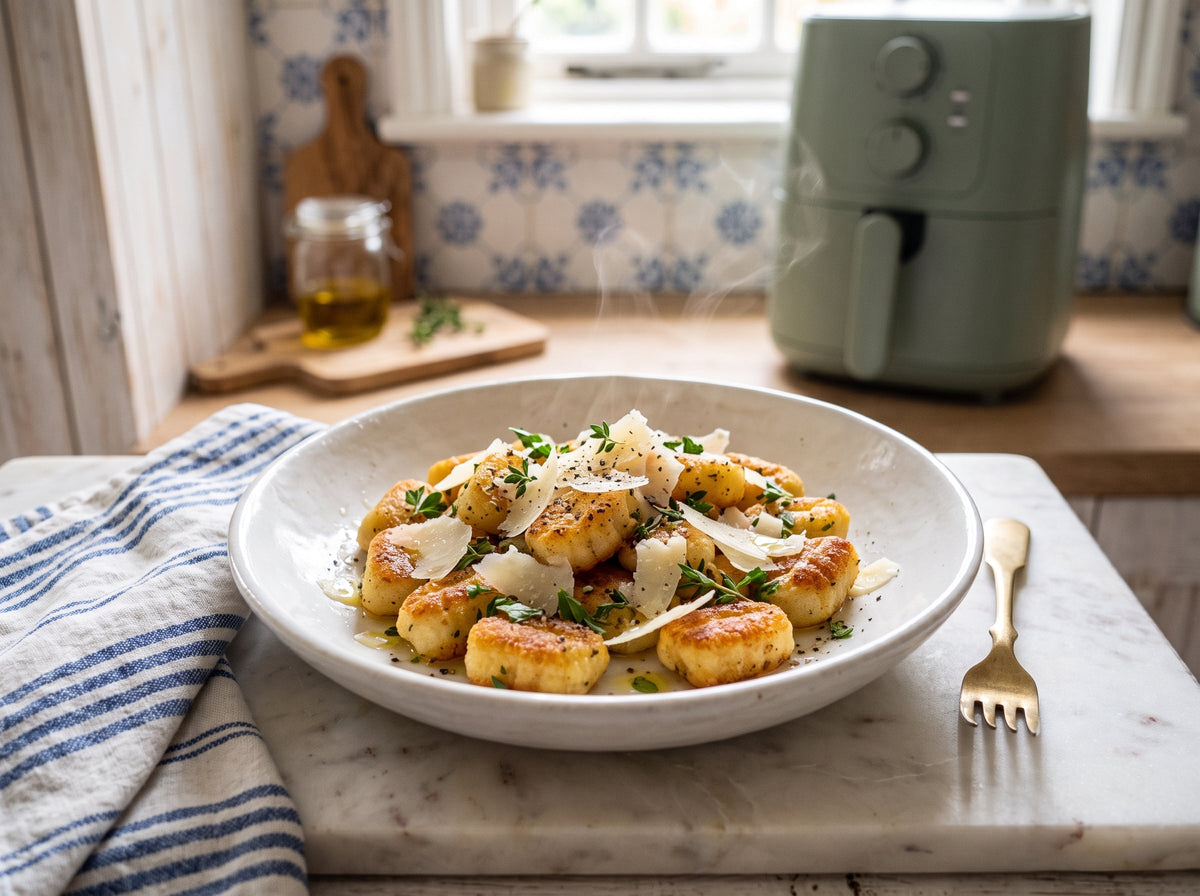 Knusprige Gnocchi mit Parmesan und Kräutern aus dem Airfryer – angerichtet in einer Keramikschale, im Hintergrund eine Heißluftfritteuse