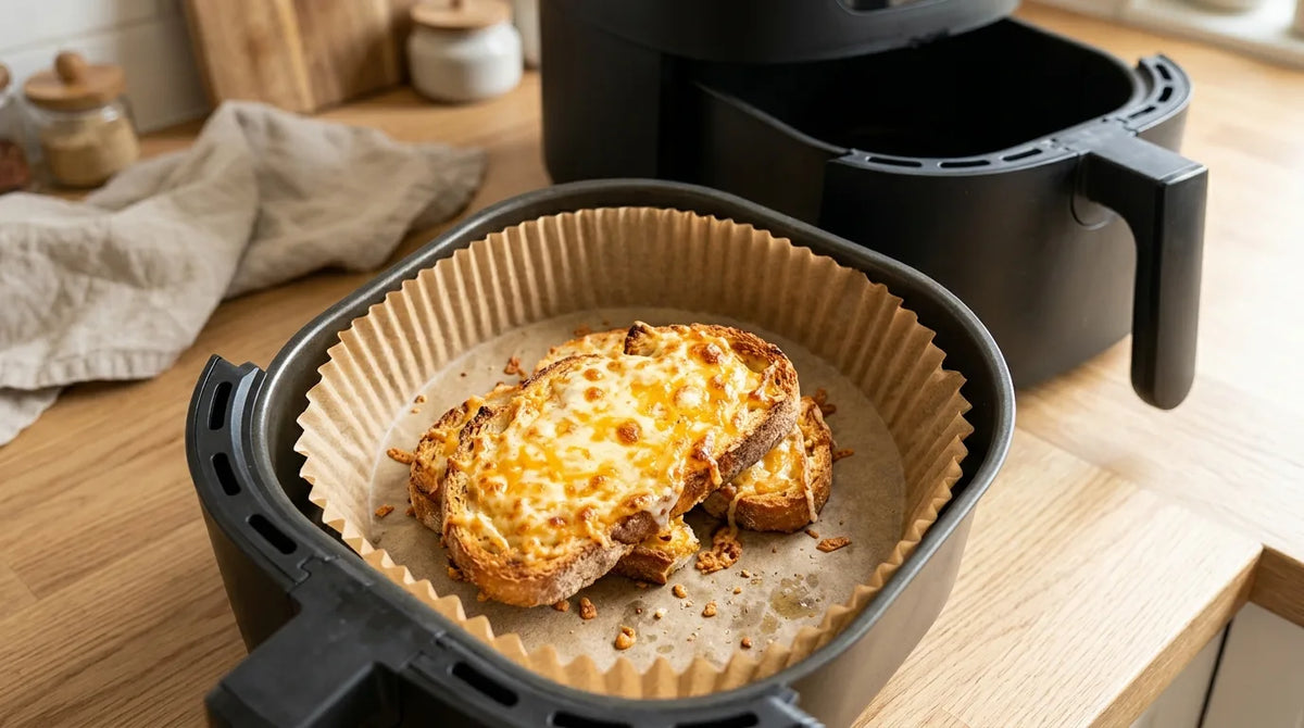 Airfryer-Korb mit vorgeformtem Backpapier und Käse-Toast