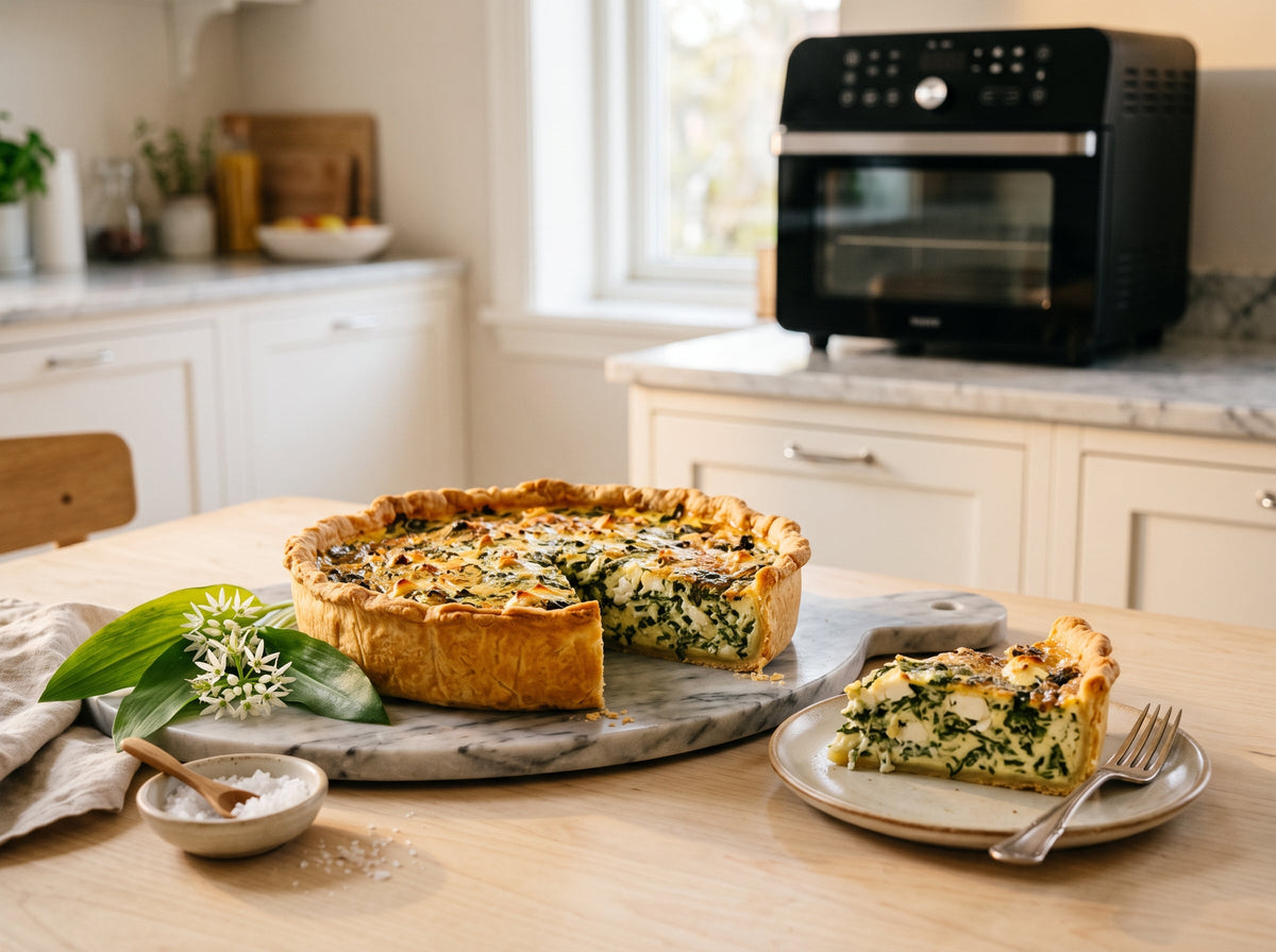 Bärlauch-Quiche mit Ziegenkäse aus dem Airfryer – angerichtet auf einer Marmorplatte, im Hintergrund eine Heißluftfritteuse