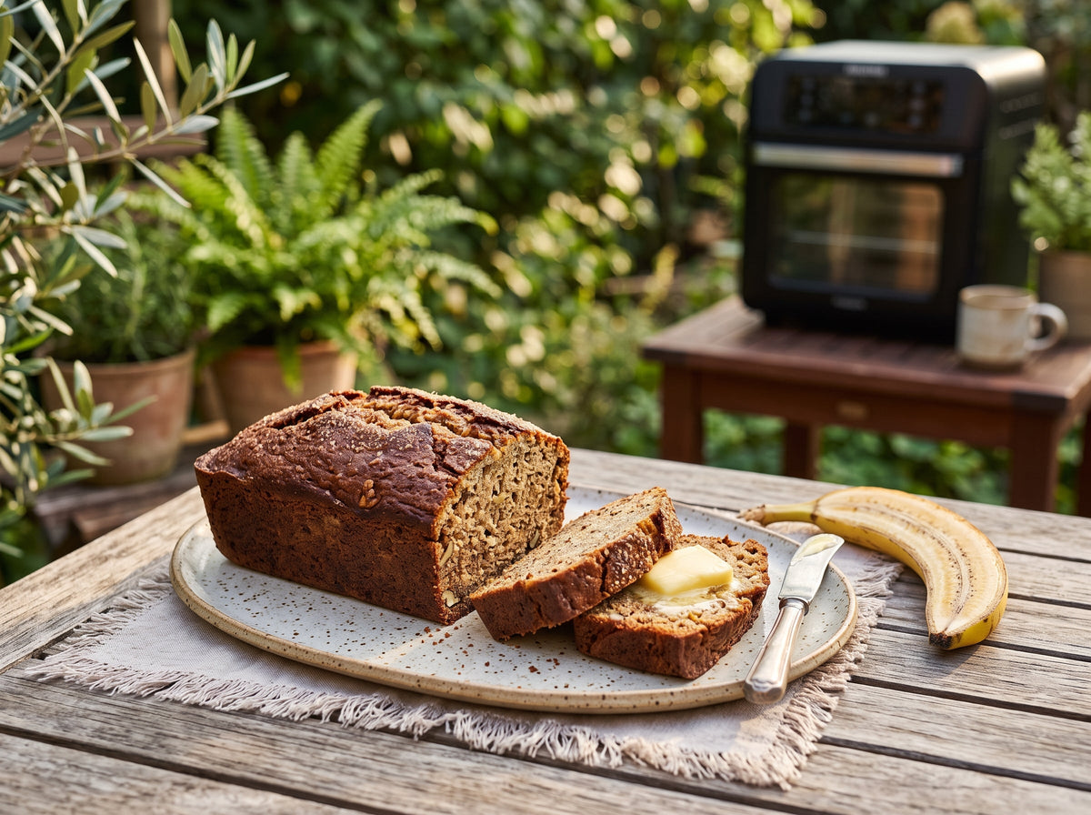 Saftiges Banana Bread aus dem Airfryer, angeschnitten – angerichtet auf einer Keramikplatte, im Hintergrund eine Heißluftfritteuse