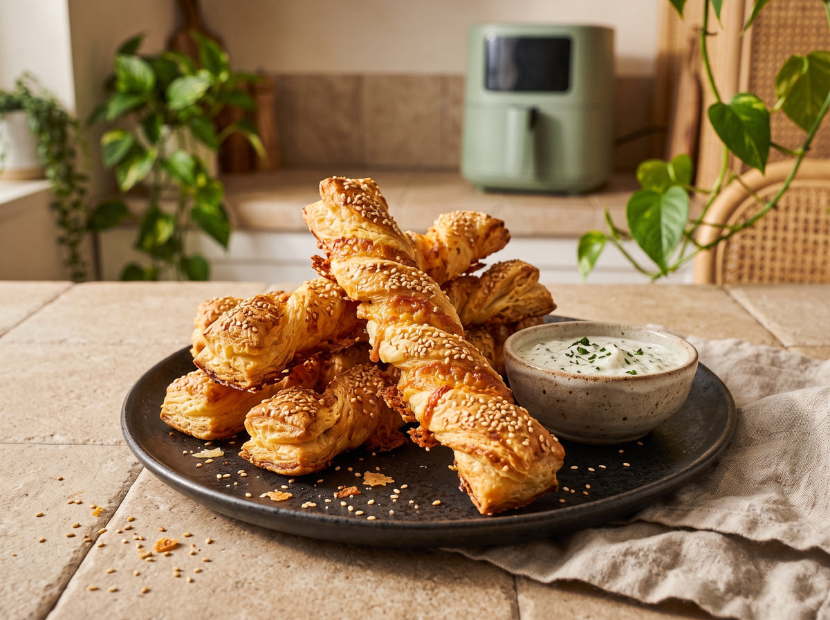 Blätterteig-Käsestangen aus dem Airfryer – angerichtet auf einem dunklen Keramikteller mit Kräuterdip, im Hintergrund eine Heißluftfritteuse