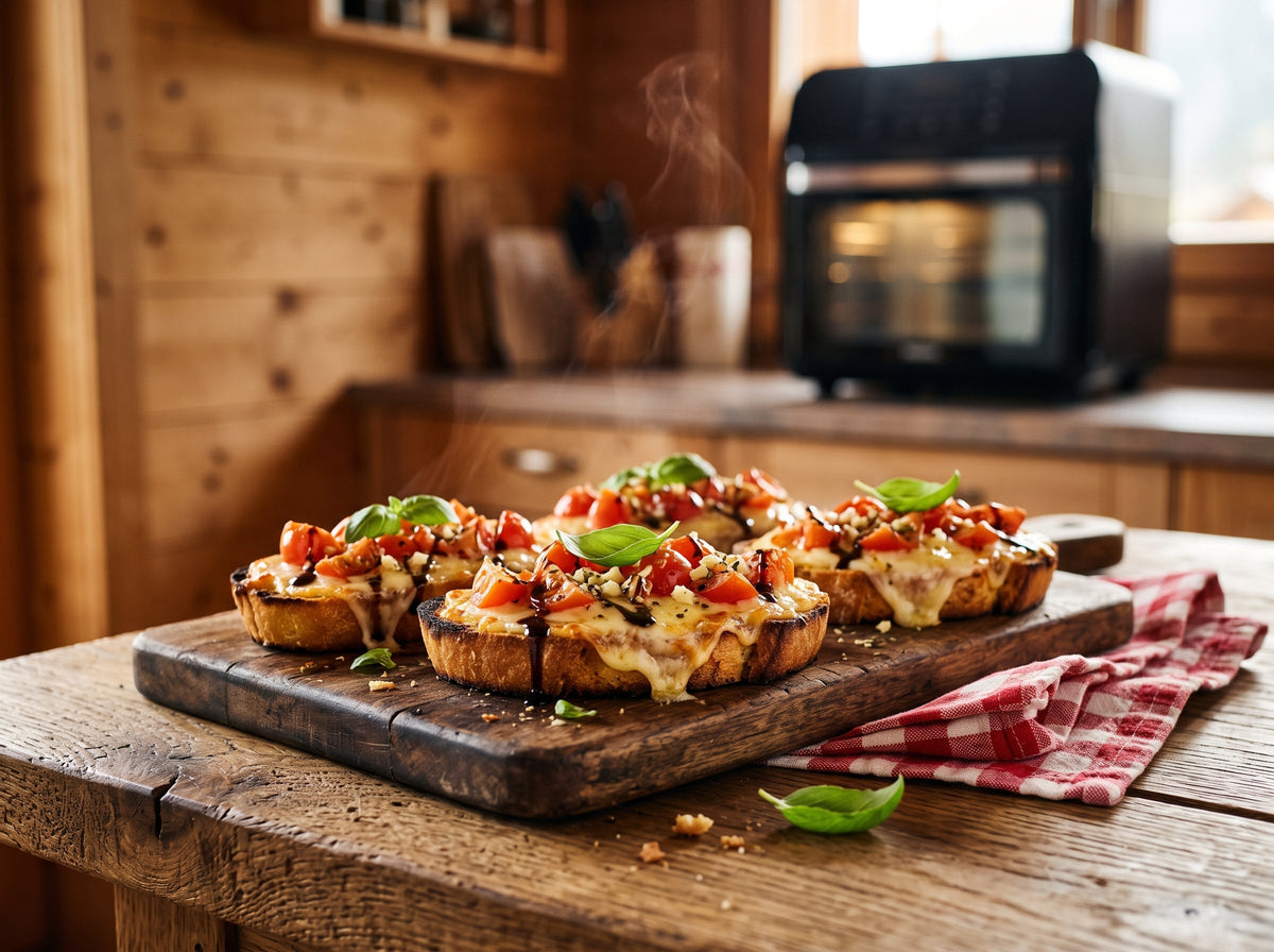 Bruschetta-Toast mit Mozzarella aus dem Airfryer – angerichtet auf einem rustikalen Holzbrett, im Hintergrund eine Heißluftfritteuse
