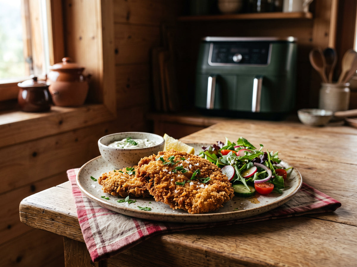 Knusprige Champignon-Schnitzel mit Zitrone und Salat aus dem Airfryer – angerichtet auf einem Keramikteller, im Hintergrund eine Heißluftfritteuse
