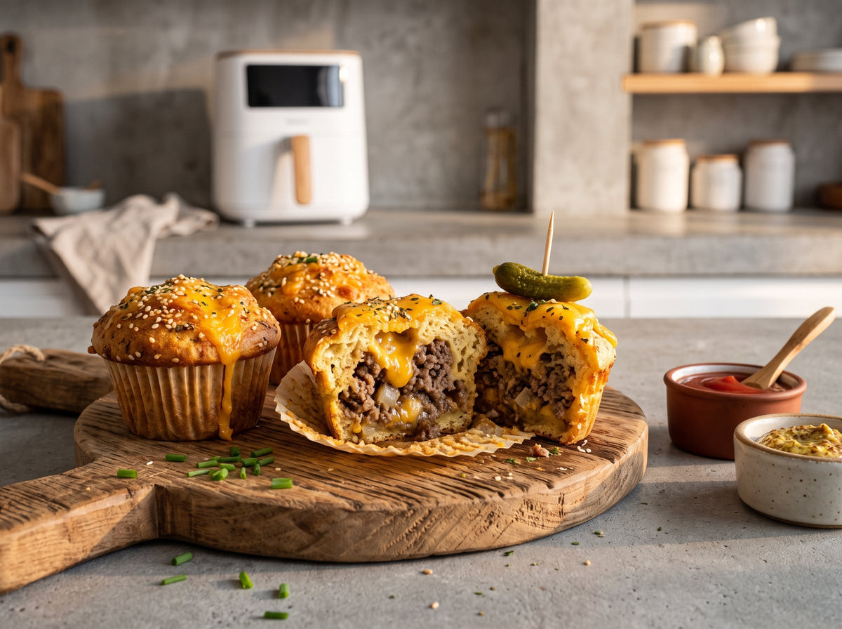 Cheeseburger-Muffins aus dem Airfryer – angerichtet auf einem Holzbrett, im Hintergrund eine Heißluftfritteuse