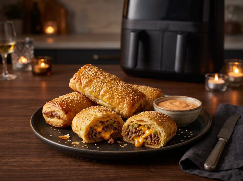 Cheeseburger-Rollen aus dem Airfryer – angerichtet auf dunklem Keramikteller, im Hintergrund eine Heißluftfritteuse