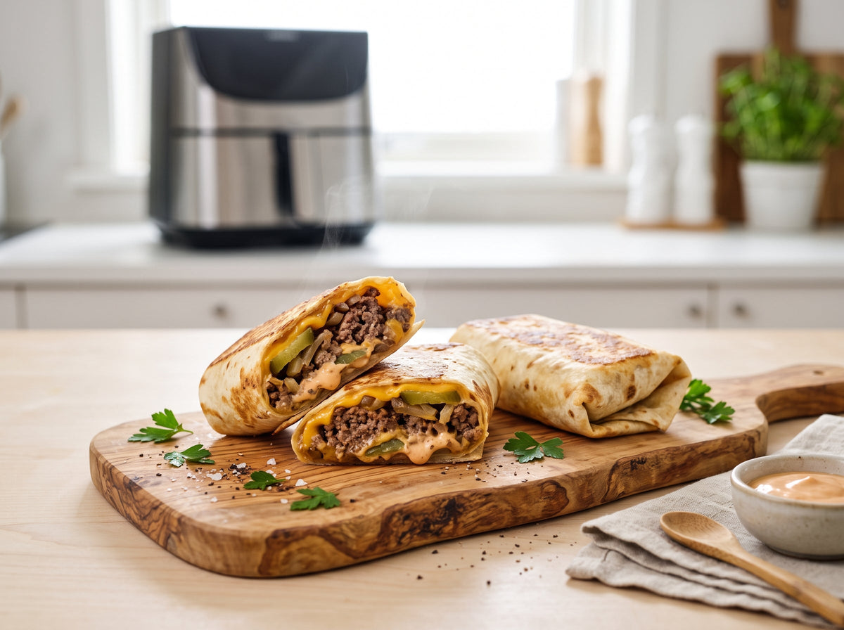 Knusprige Cheeseburger-Wraps aus dem Airfryer – angerichtet auf einem Olivenholzbrett, im Hintergrund eine Heißluftfritteuse