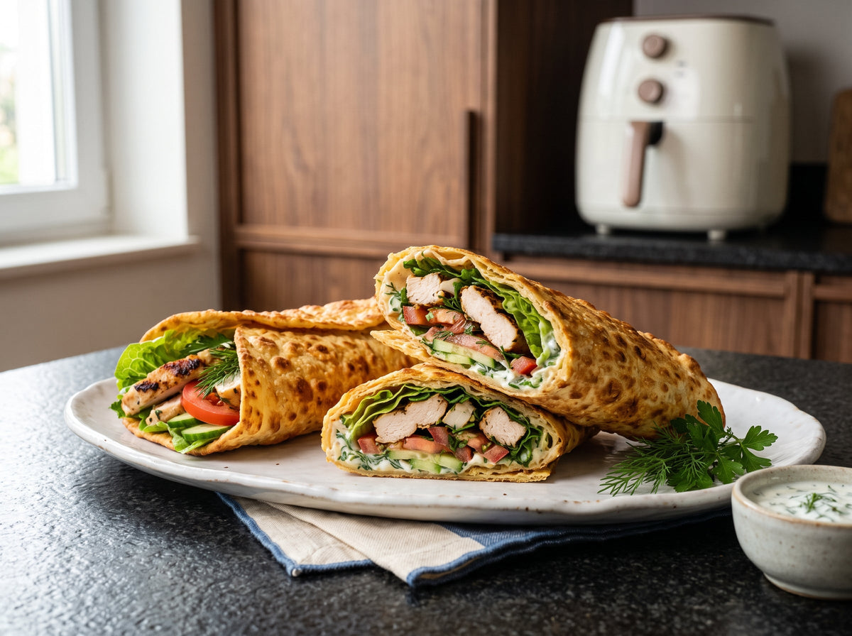 Cottage Cheese Wraps mit Hähnchen und Gemüse aus dem Airfryer – angerichtet auf einer Porzellanplatte, im Hintergrund eine Heißluftfritteuse