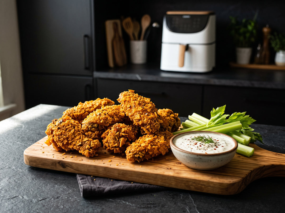 Crispy Chicken Wings mit Nacho-Chips-Kruste und Ranch-Dip aus dem Airfryer – angerichtet auf einem Olivenholzbrett, im Hintergrund eine Heißluftfritteuse