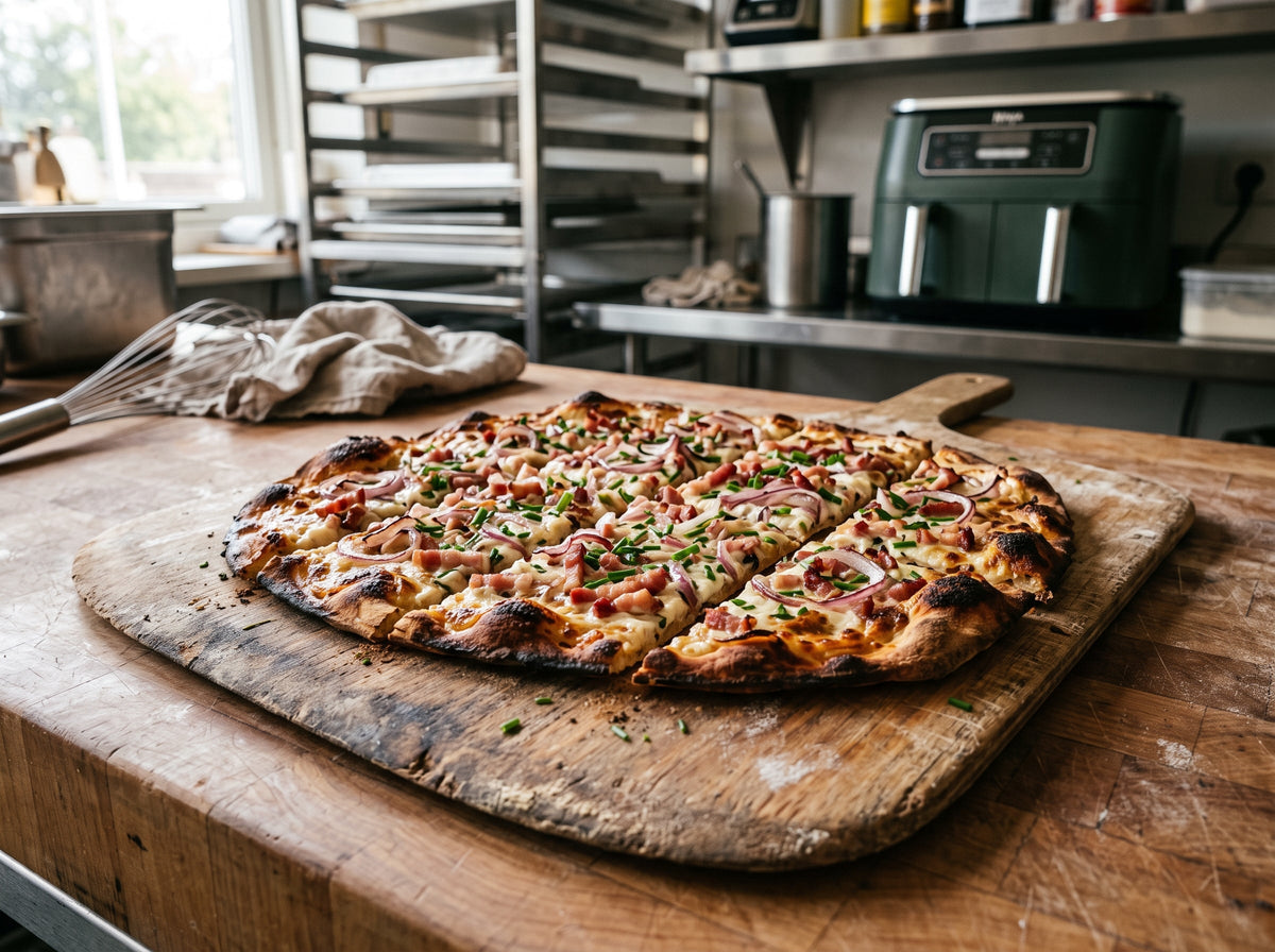 Elsässer Flammkuchen mit Speck und Zwiebeln aus dem Airfryer – angerichtet auf einem Holzschieber, im Hintergrund eine Heißluftfritteuse