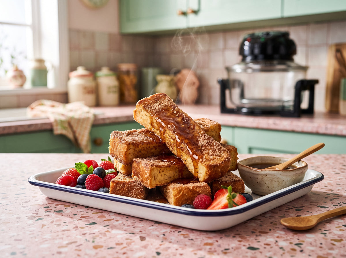 French Toast Sticks mit Ahornsirup und Beeren aus dem Airfryer – angerichtet auf einem Emaille-Tablett, im Hintergrund eine Heißluftfritteuse