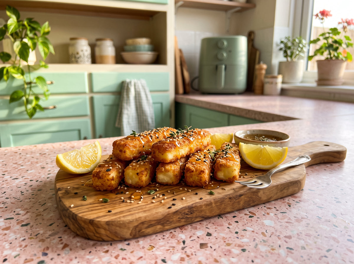 Halloumi-Sticks mit Honig und Sesam aus dem Airfryer – angerichtet auf einem Olivenholzbrett, im Hintergrund eine Heißluftfritteuse