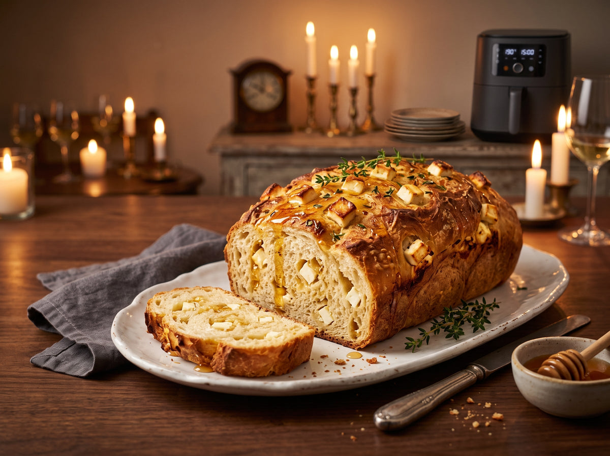 Honig-Feta-Brot aus dem Airfryer – angerichtet auf einer Porzellanplatte, im Hintergrund eine Heißluftfritteuse