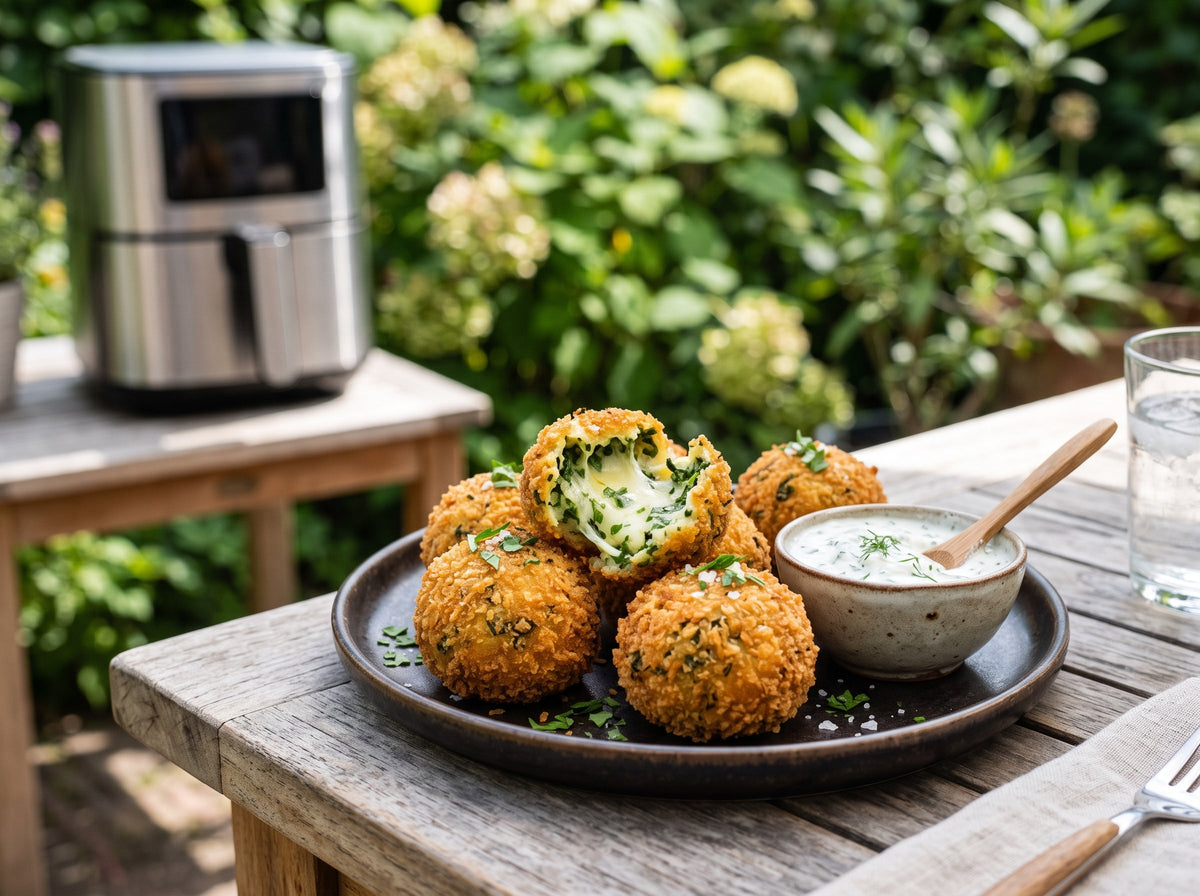 Käse-Spinat-Bällchen aus dem Airfryer – angerichtet auf einem dunklen Keramikteller, im Hintergrund eine Heißluftfritteuse