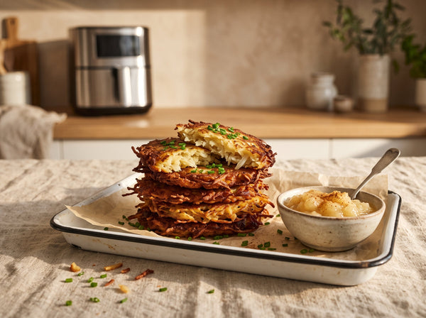 Knusprige Kartoffelpuffer mit Apfelmus aus dem Airfryer in 20 Min