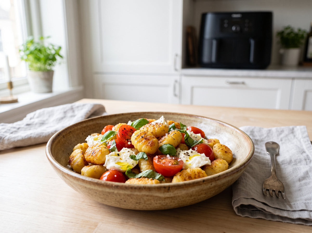 Knusprige Gnocchi mit Mozzarella und Tomaten aus dem Airfryer – angerichtet in einer Steingutschale, im Hintergrund eine Heißluftfritteuse
