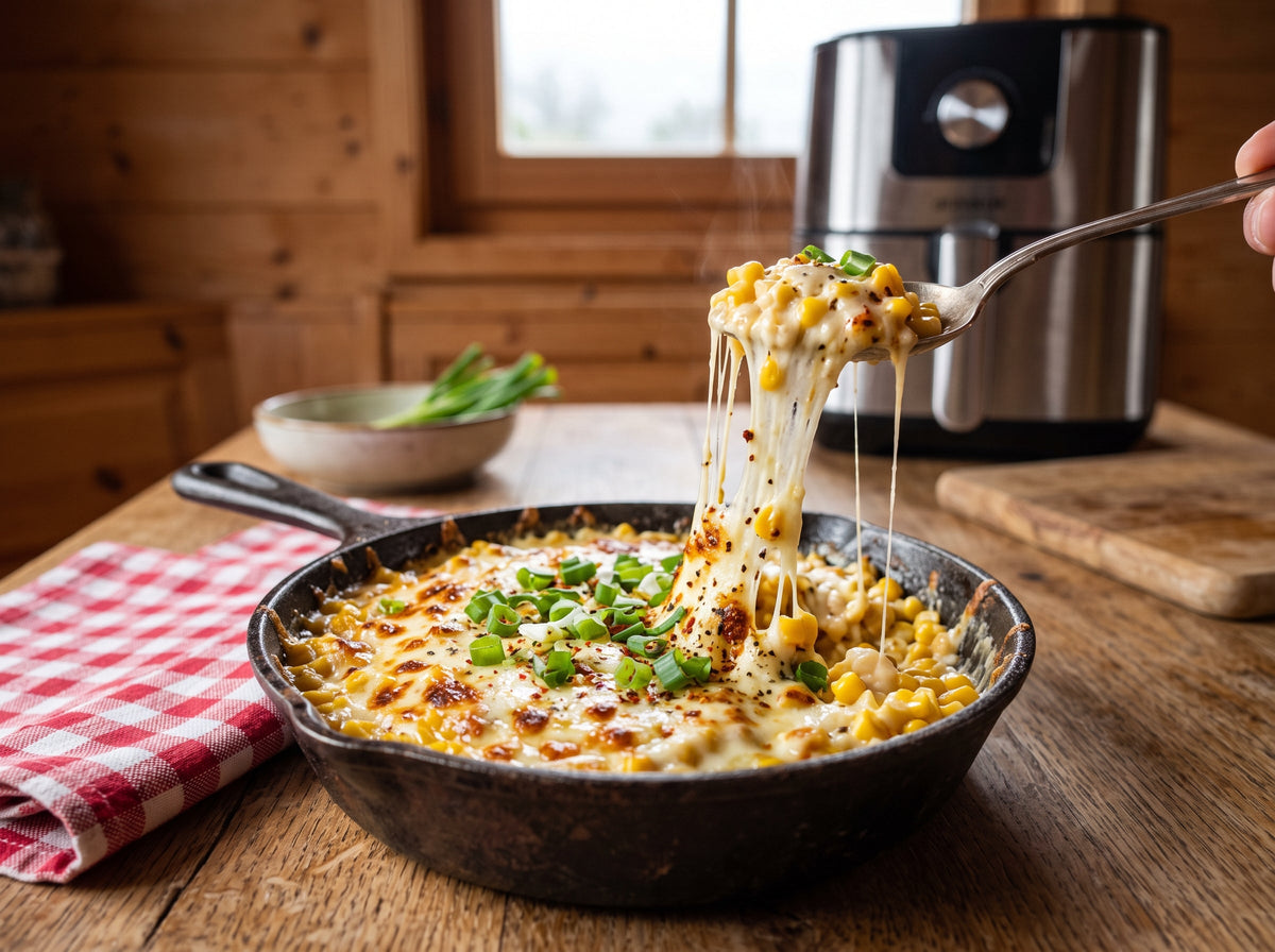 Korean Corn Cheese mit Käsefaden aus dem Airfryer – angerichtet in einer Gusseisenpfanne, im Hintergrund eine Heißluftfritteuse