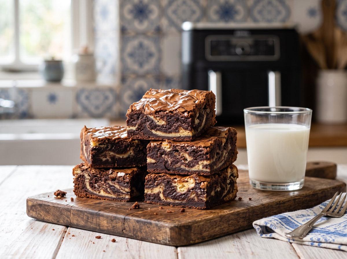 Marmor-Brownies aus dem Airfryer – angerichtet auf einem Holzbrett, im Hintergrund eine Heißluftfritteuse