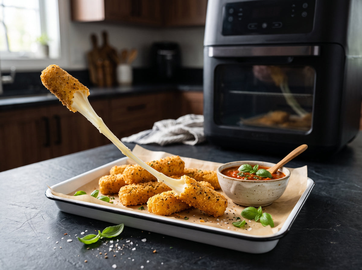 Knusprige Mozzarella-Sticks mit Marinara-Dip aus dem Airfryer – angerichtet auf einem Emaille-Blech, im Hintergrund eine Heißluftfritteuse