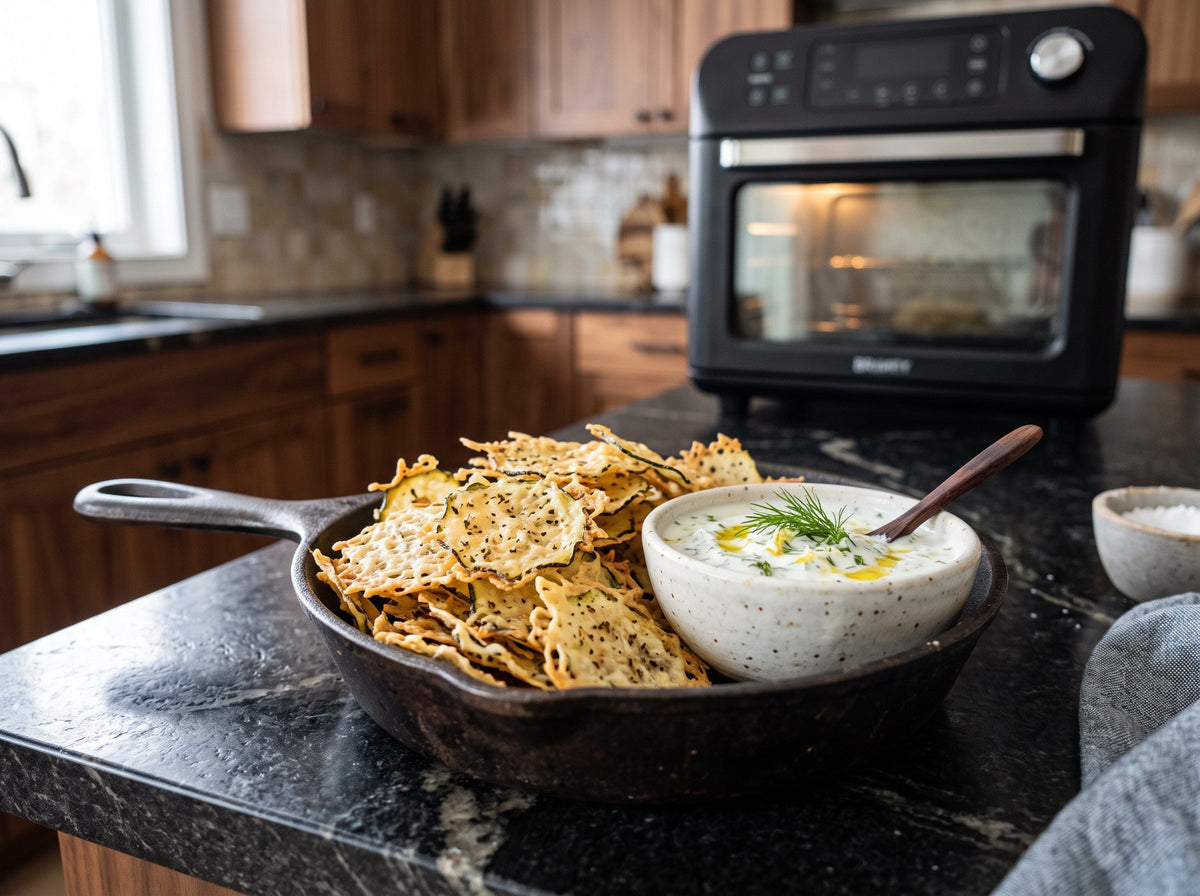 Knusprige Parmesan-Zucchini-Chips mit Dip aus dem Airfryer – angerichtet in einer Gusseisenpfanne, im Hintergrund eine Heißluftfritteuse