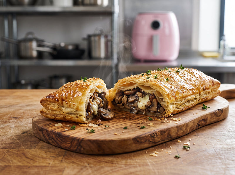 Pilz-Maronen-Strudel mit Ziegenkäse aus dem Airfryer – angerichtet auf einem Olivenholz-Servierbrett, im Hintergrund eine Heißluftfritteuse