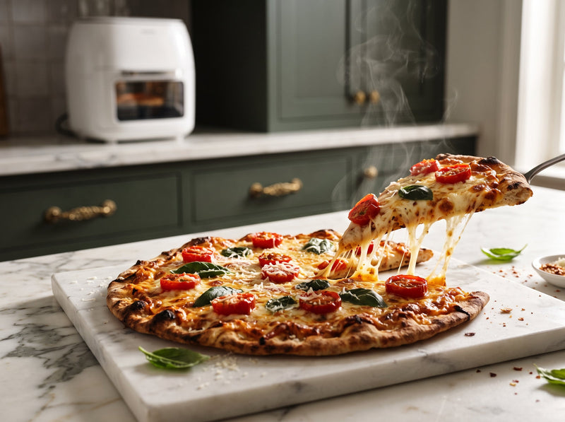 Knusprige Pita-Pizza mit Mozzarella und Tomate aus dem Airfryer – angerichtet auf einer Marmorplatte, im Hintergrund eine Heißluftfritteuse