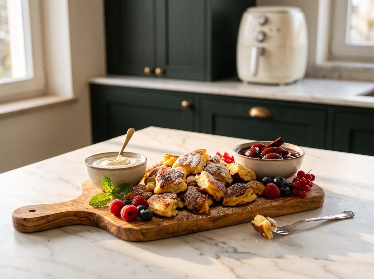 Protein-Kaiserschmarrn mit Skyr und Pflaumenkompott aus dem Airfryer – angerichtet auf einem Olivenholzbrett, im Hintergrund eine Heißluftfritteuse