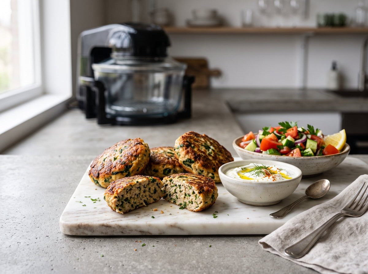 Pute-Spinat-Frikadellen mit Joghurtdip und Salat aus dem Airfryer – angerichtet auf einer Marmorplatte, im Hintergrund eine Heißluftfritteuse