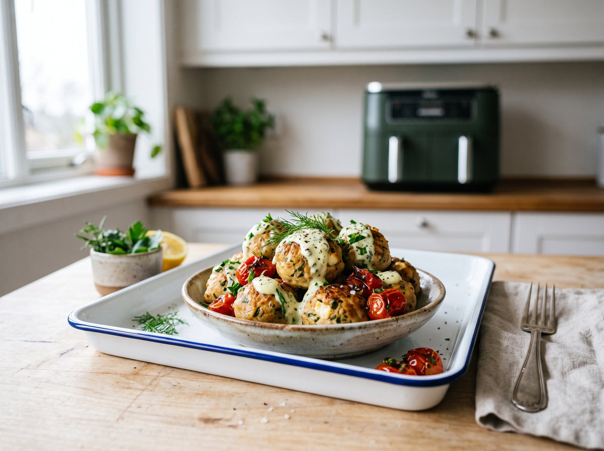 Puten-Feta-Bällchen mit Joghurtsauce aus dem Airfryer – angerichtet auf einem Emaille-Tablett, im Hintergrund eine Heißluftfritteuse